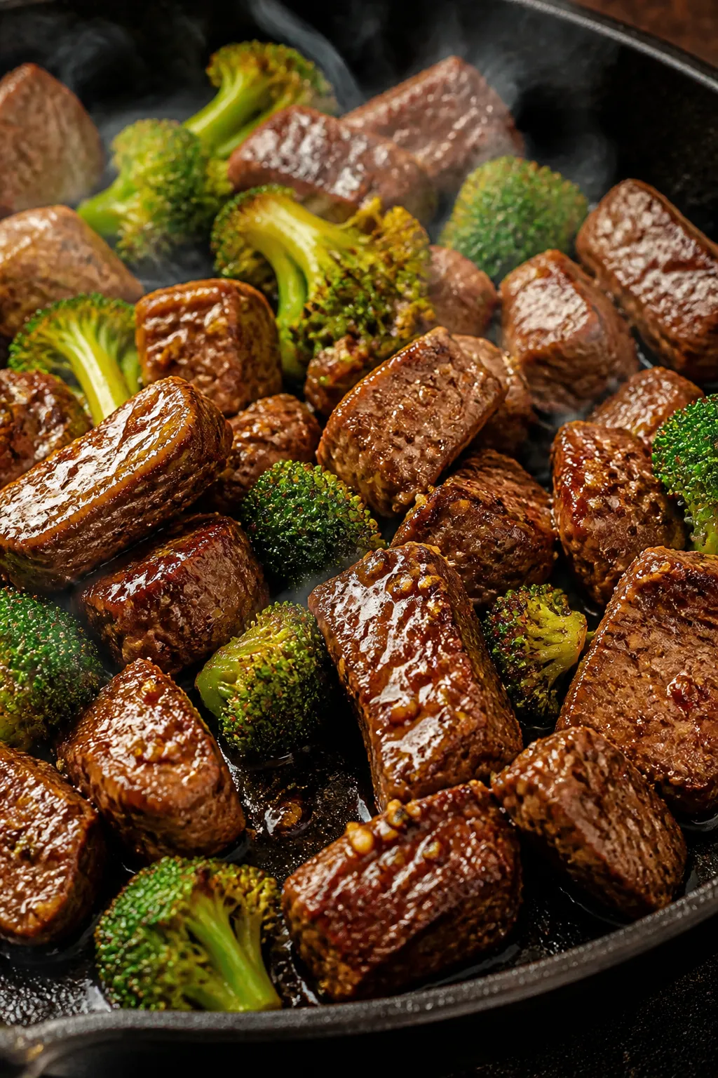 Close-up detail: Sizzling garlic butter steak bites in a cast-iron skillet, mid-toss with bright gre