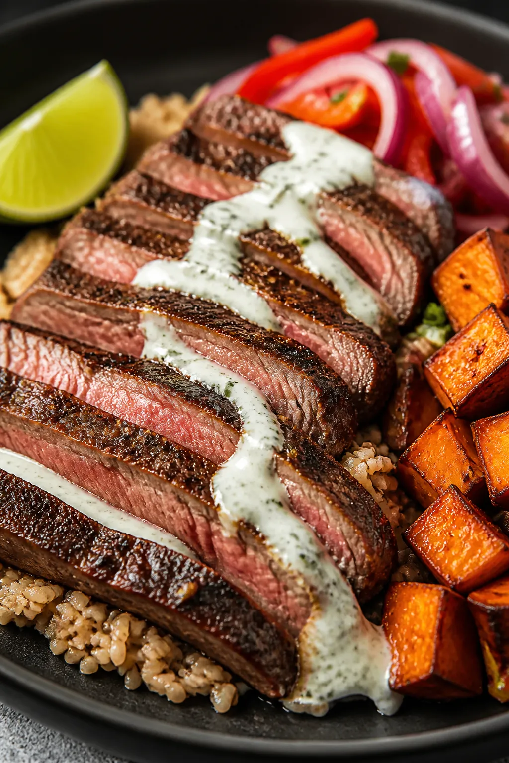 Close-up detail: Sliced medium-rare flank steak just after resting, fanned over a bed of warm brown 