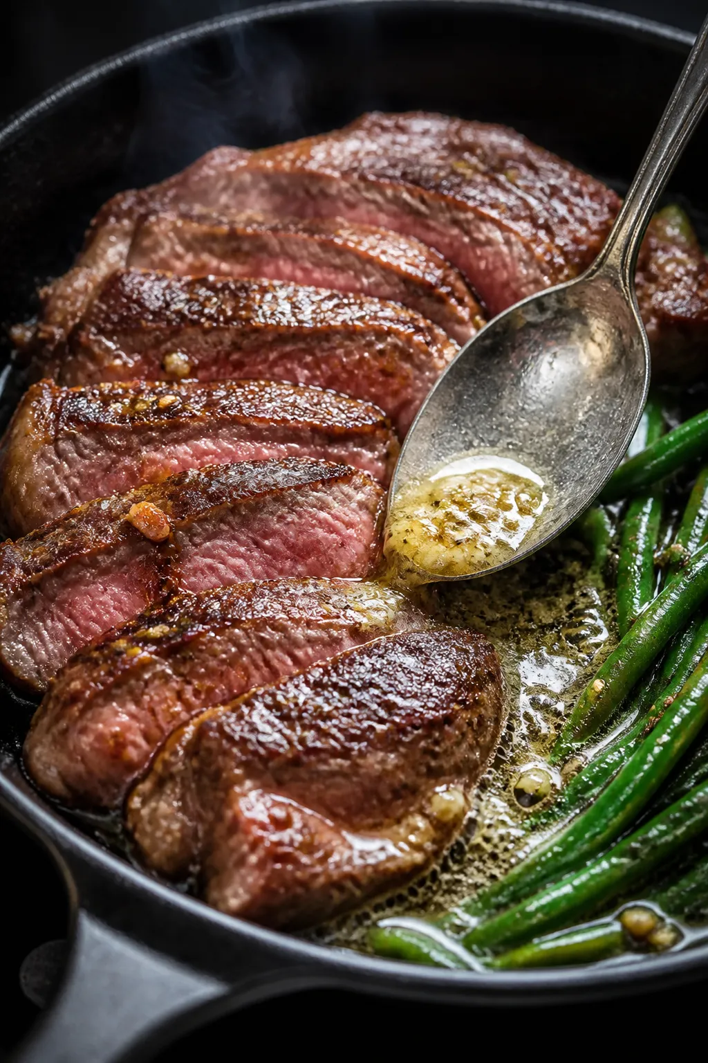 Close-up detail: Sliced medium-rare ribeye steak being basted in a cast-iron skillet with melted but