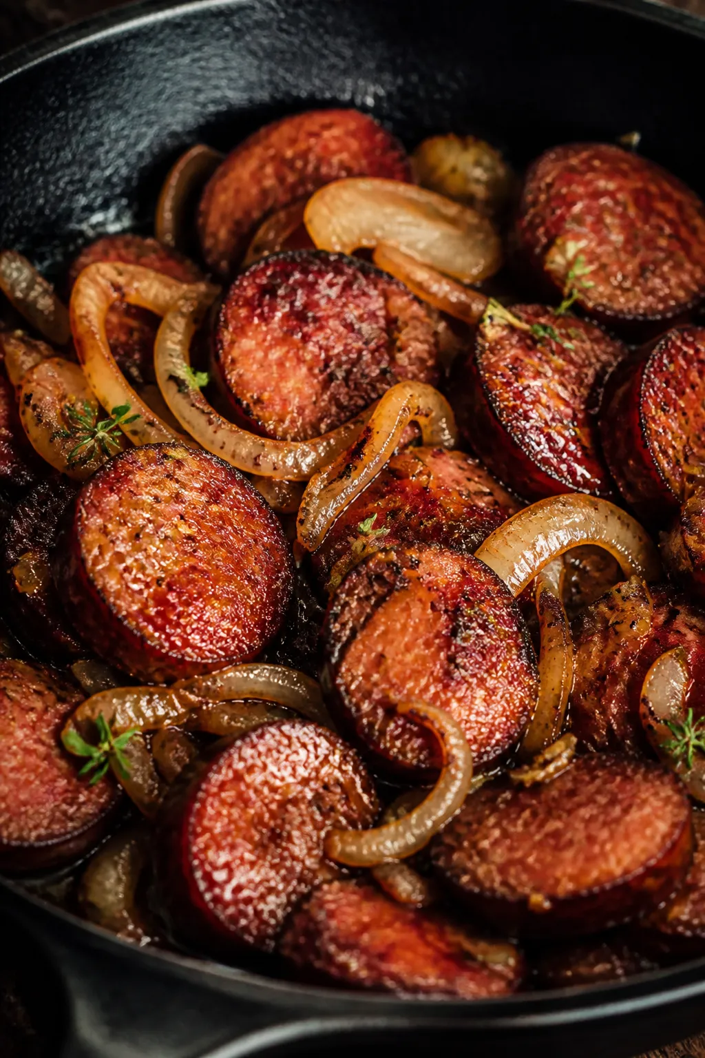 Close-up detail: Slices of browned smoked sausage sizzling in a heavy cast-iron skillet, deeply sear