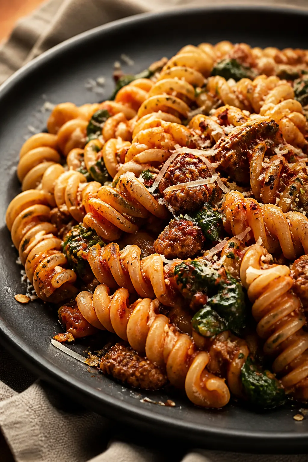 Close-up detail: Tender rotini tossed in rich tomato-beef sauce, glossy and clinging to each spiral,