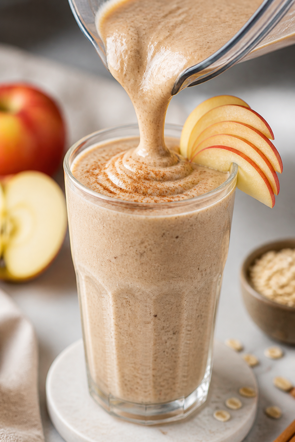 Close-up detail: Thick apple pie protein smoothie being poured from a blender into a tall chilled gl