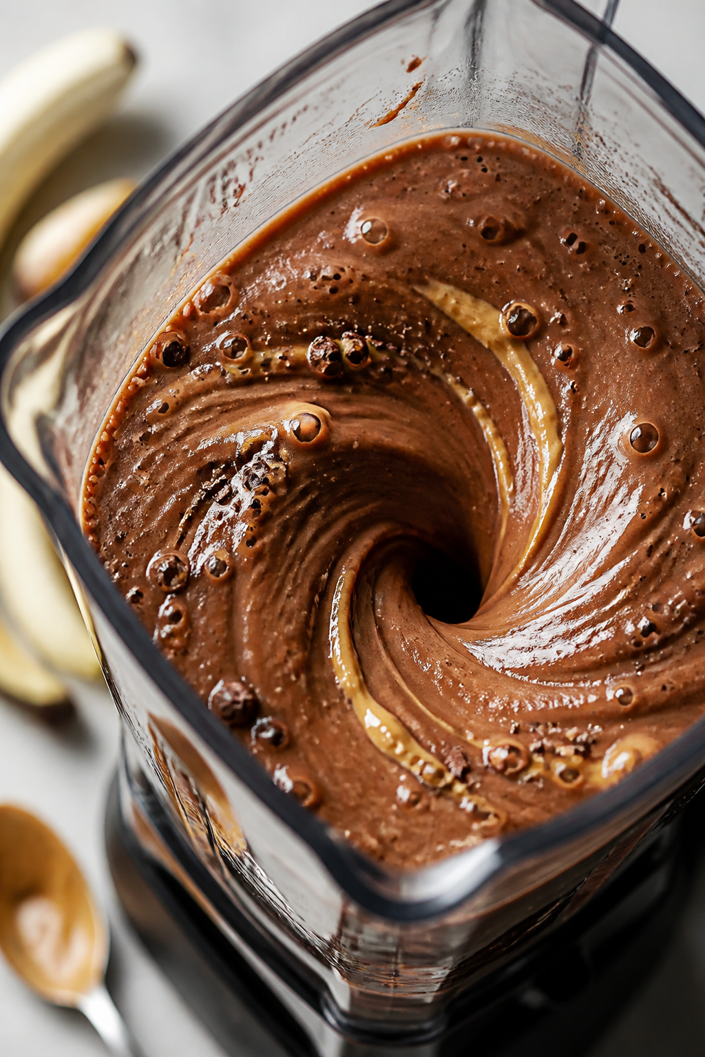 Close-up detail: Thick, creamy chocolate banana protein shake mid-blend in a clear high-speed blende