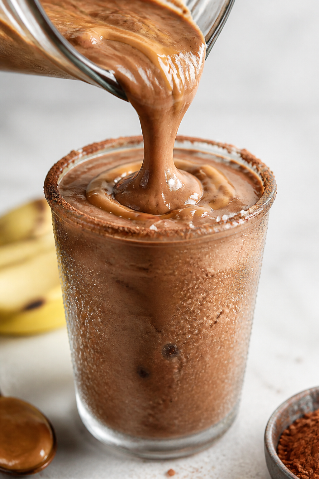 Close-up detail: Thick, creamy Chocolate Peanut Butter Banana Smoothie mid-blend being poured from a