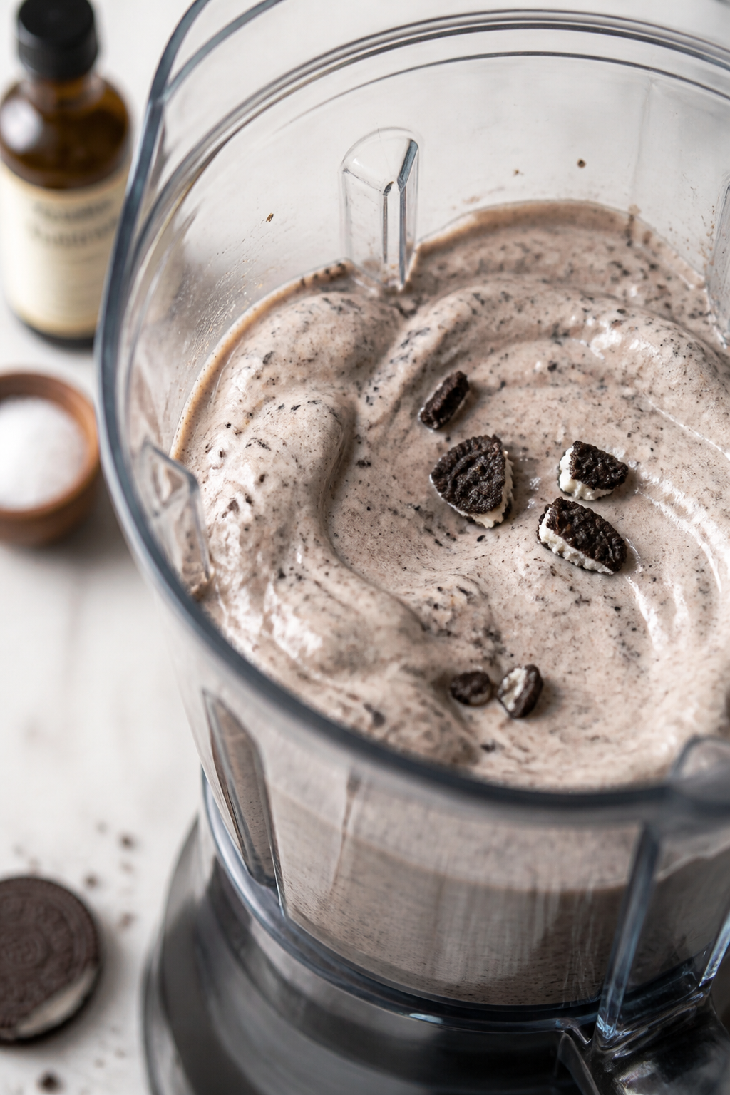 Close-up detail: Thick, creamy Cookies & Cream Protein Smoothie mid-blend in a clear high-speed blen