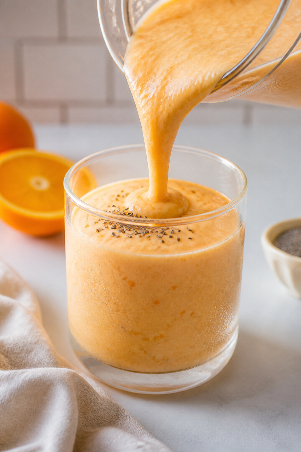 Close-up detail: Thick, creamy Orange Creamsicle Smoothie being poured from a blender into a chilled