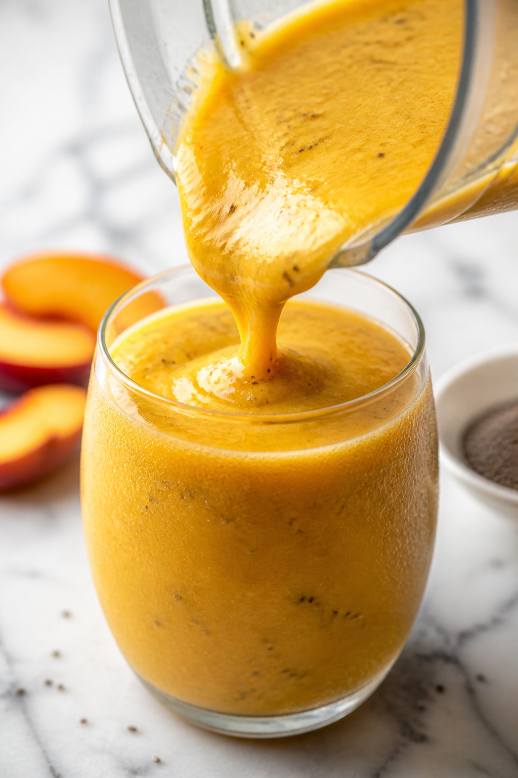 Close-up detail: Thick, creamy peach-mango smoothie mid-pour from a blender into a chilled clear gla