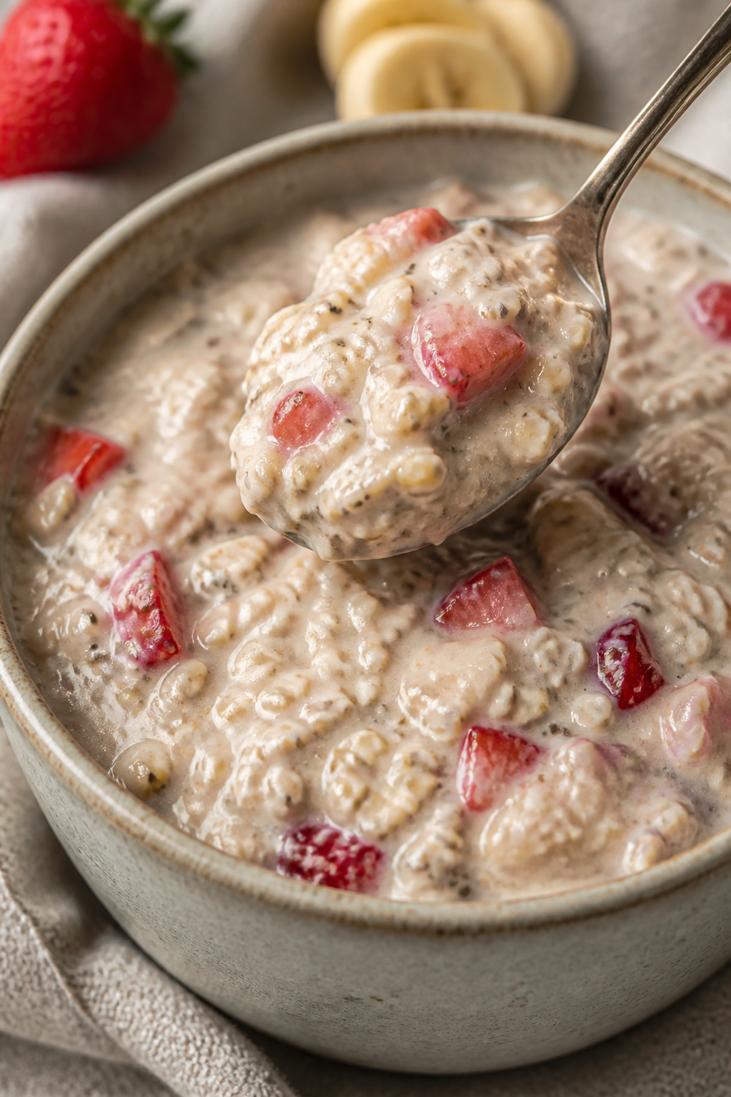 Close-up detail: Thick, creamy strawberry banana protein overnight oats just after stirring in the m