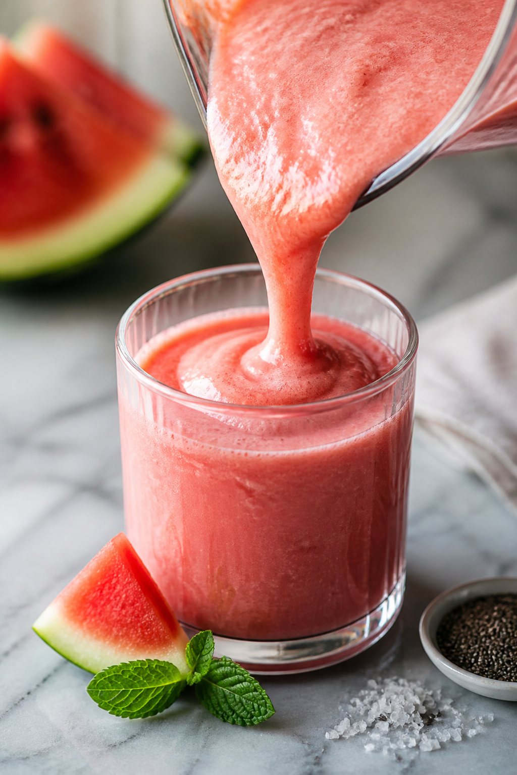 Close-up detail: Thick, pourable high-protein watermelon smoothie streaming from a blender into a ch
