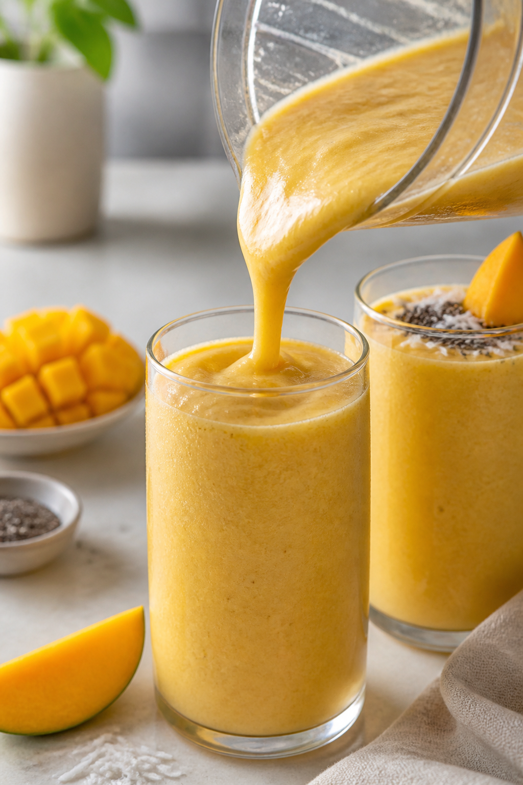 Close-up detail: Thick, silky Tropical Mango Protein Smoothie mid-pour from blender into a chilled c