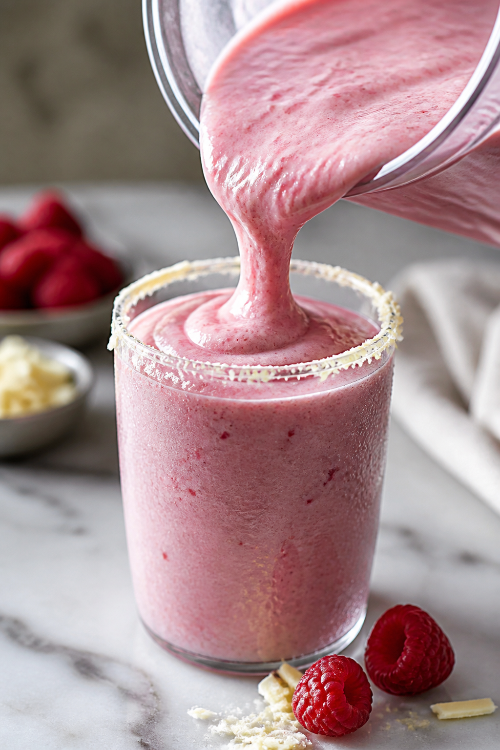Close-up detail: Thick, velvety raspberry–white chocolate protein shake mid-blend being poured fro