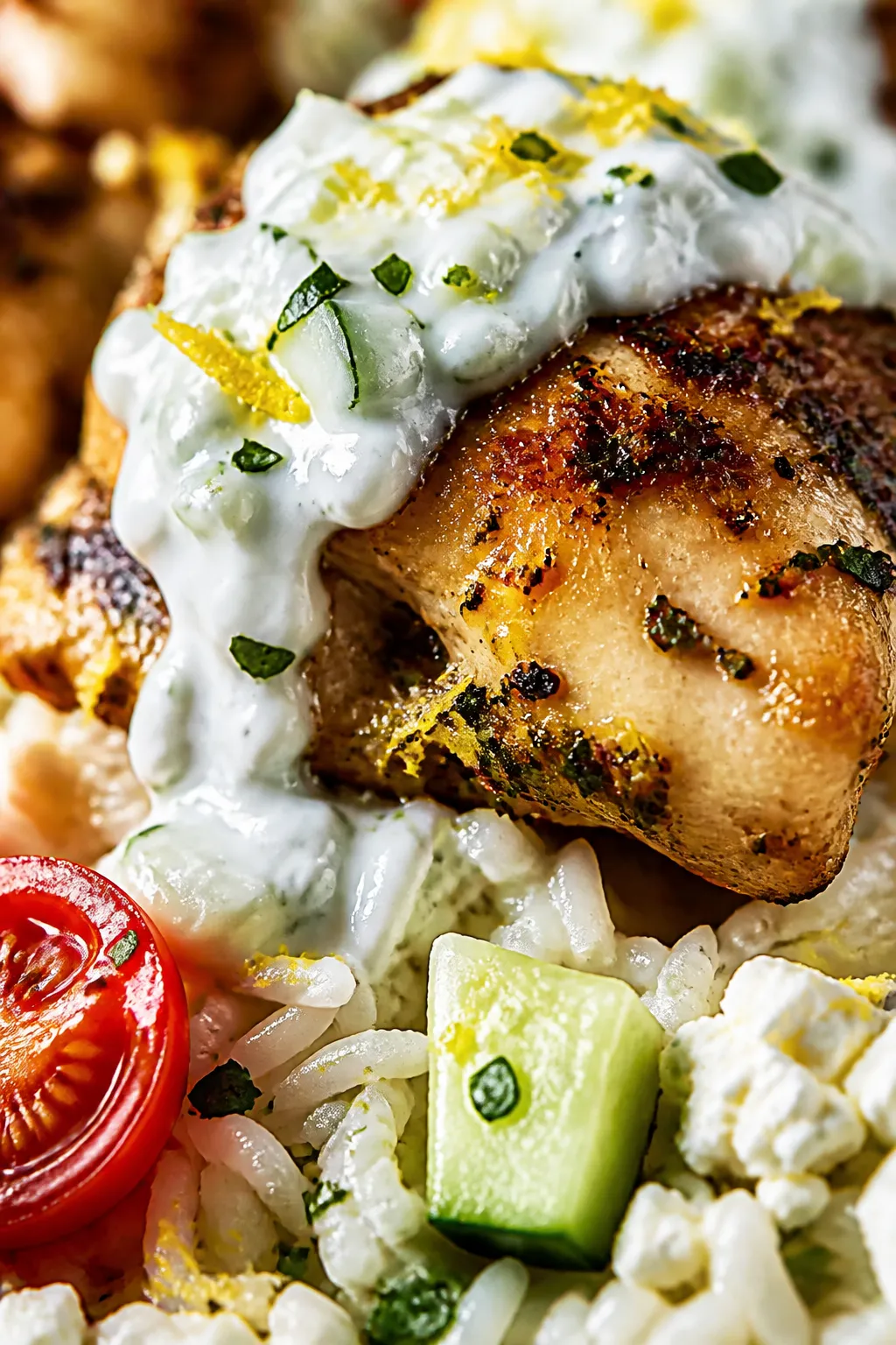 Close-up detail — Tight macro of juicy, glazed chicken bite atop rice with a ribbon of tzatziki me