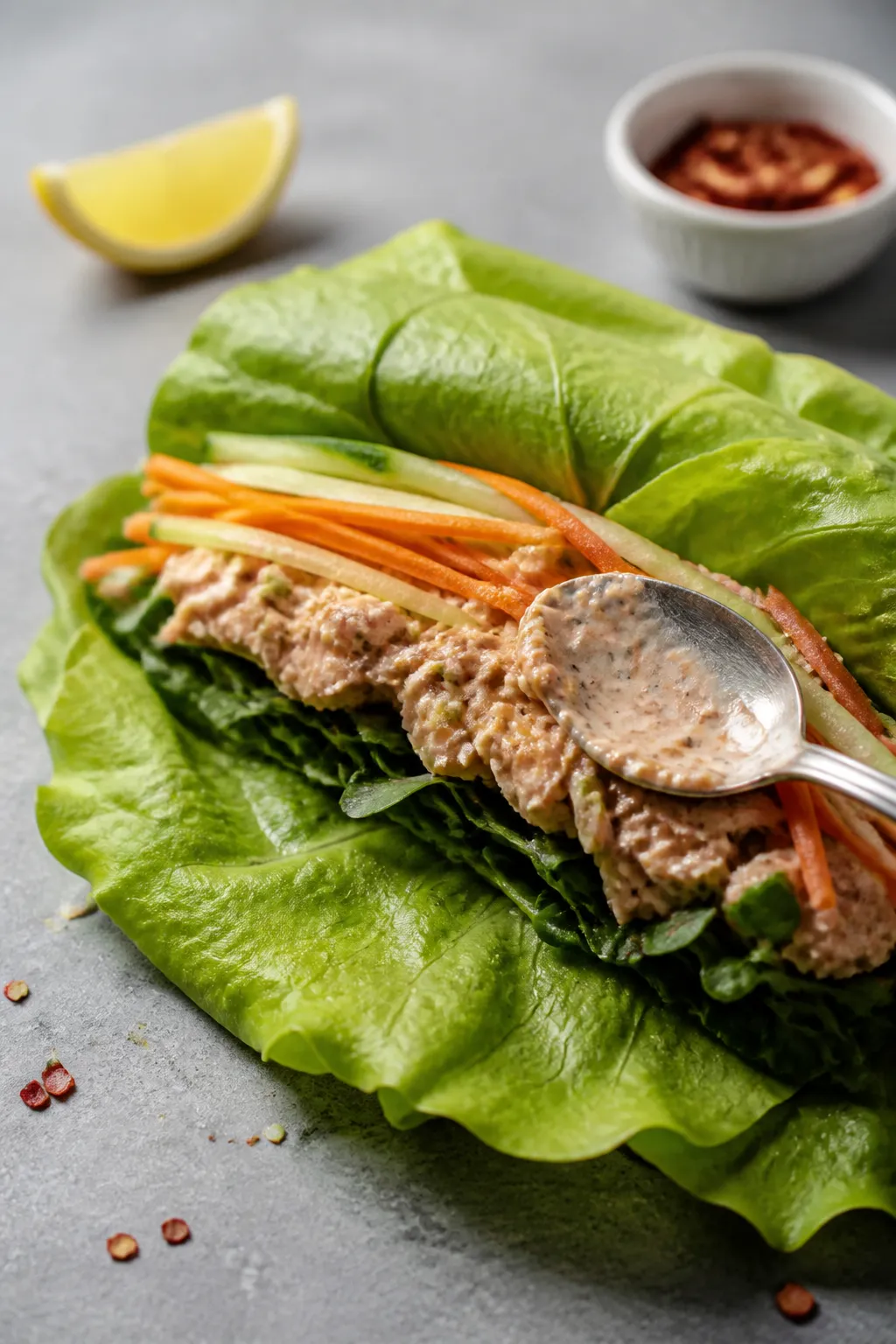 Cooking process: Assembled lettuce-wrap roll-ups being formed—two overlapping butter lettuce leave