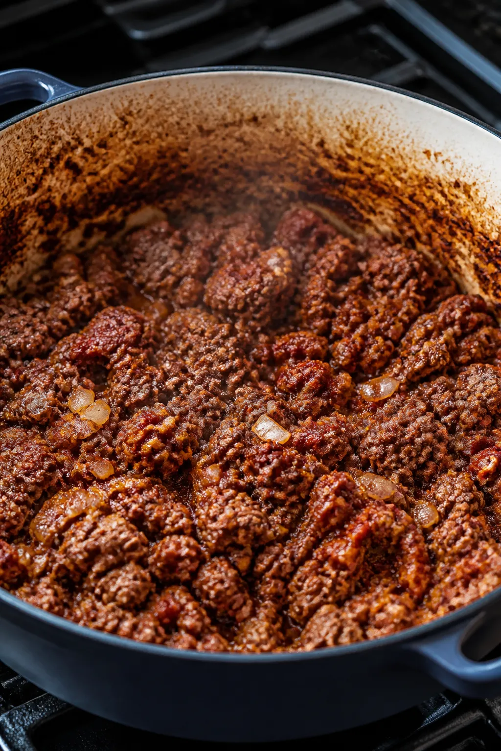Cooking process — Browning the beef: Close-up of crumbled lean ground beef sizzling in a wide Dutc