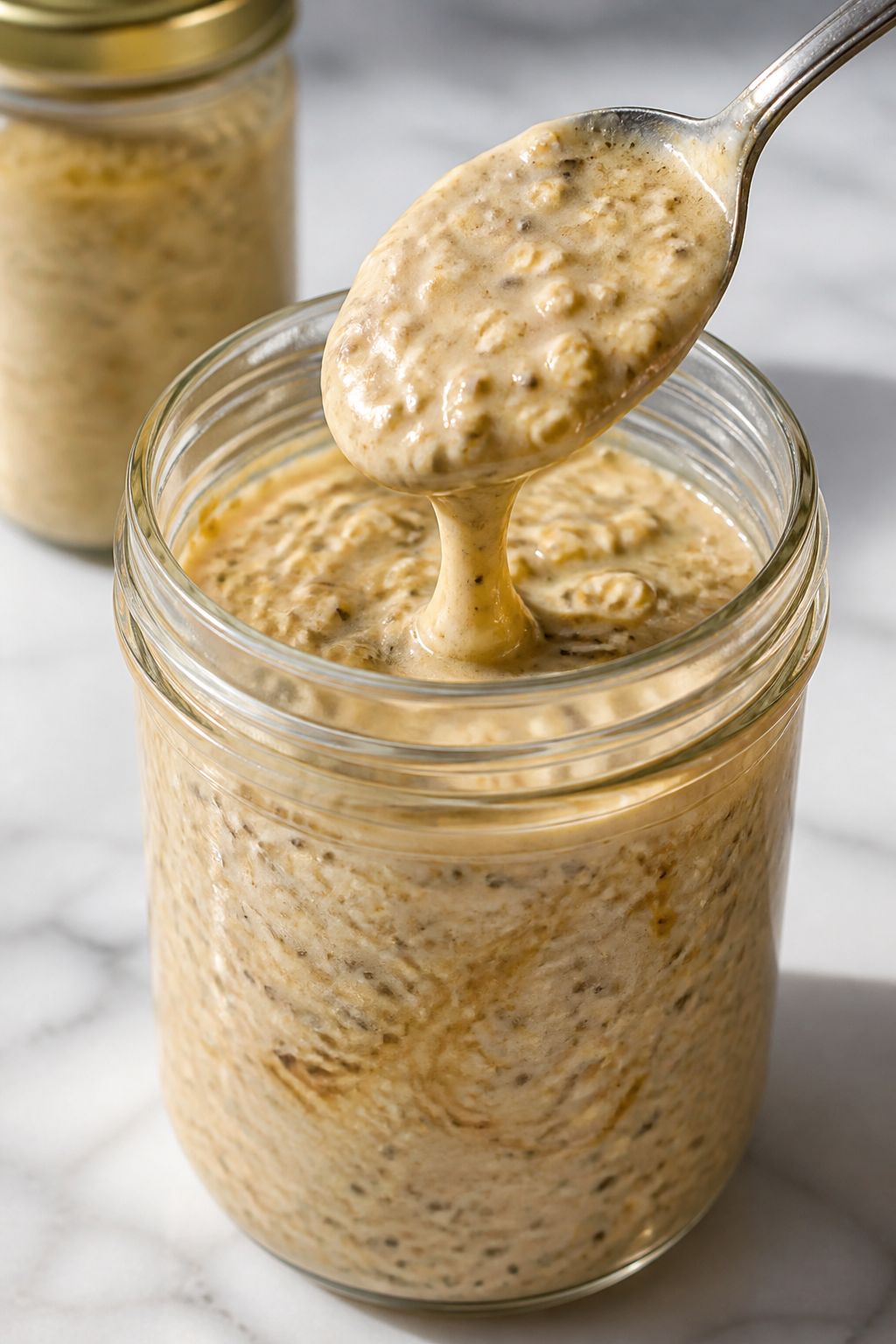 Cooking process close-up: A mason jar on a clean marble counter filled with freshly mixed peanut but