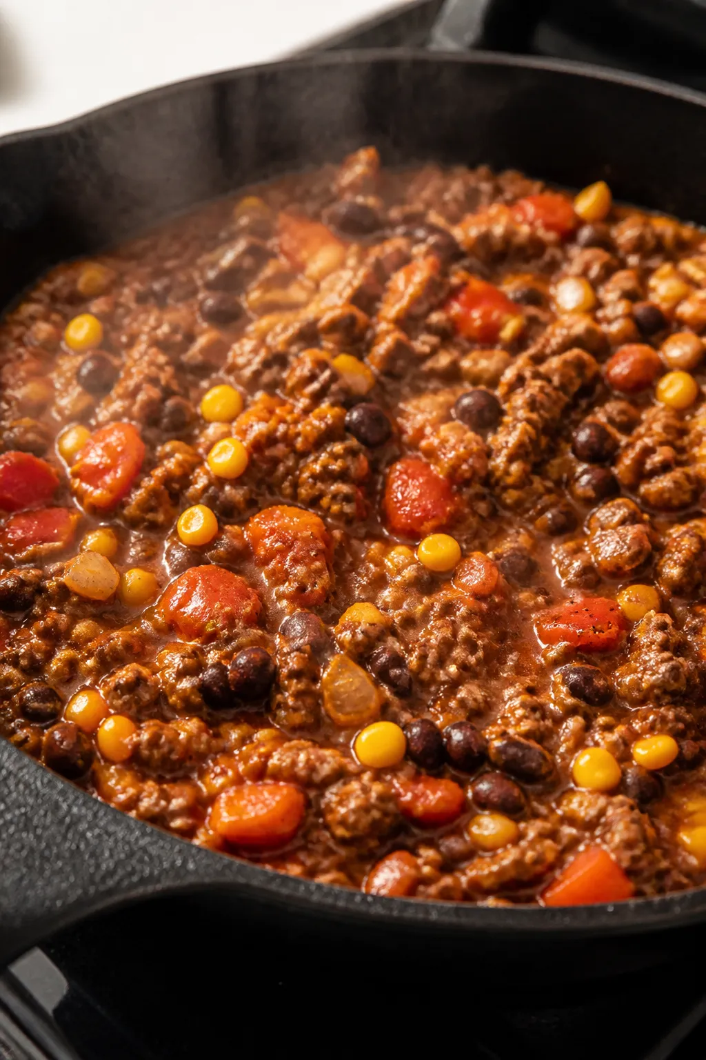 Cooking process close-up: A sizzling skillet of seasoned lean ground beef simmering with diced onion