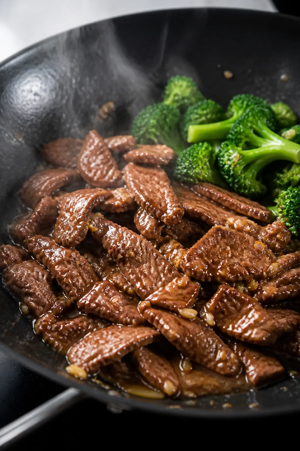 Cooking process, close-up action: Searing thinly sliced flank steak in a hot wok with glossy, carame