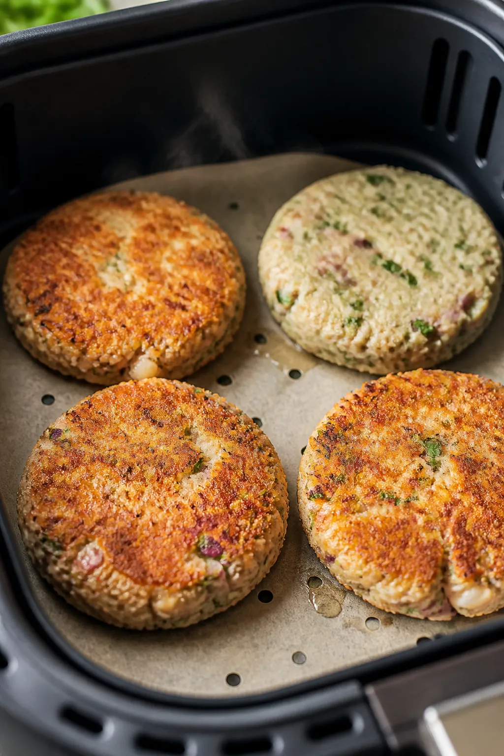 Cooking process close-up: Air fryer tuna burgers mid-cook at 390°F, golden crust forming on the fir