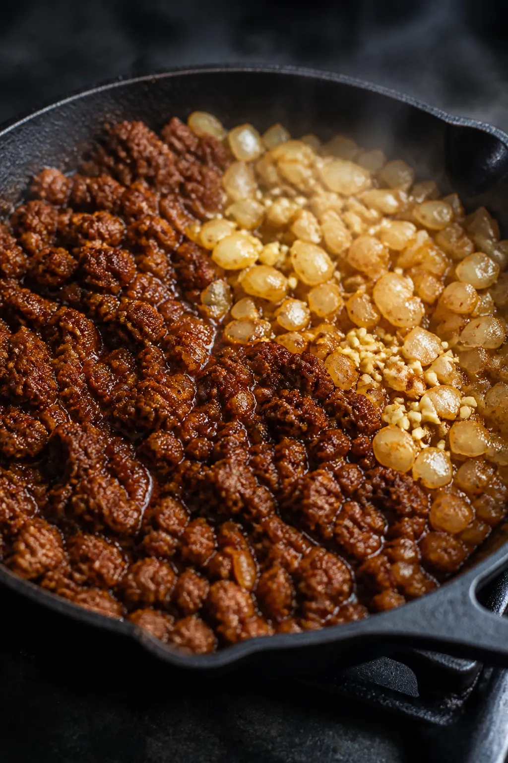 Cooking process close-up: Crispy browned taco beef sizzling in a wide cast-iron skillet, half the pa