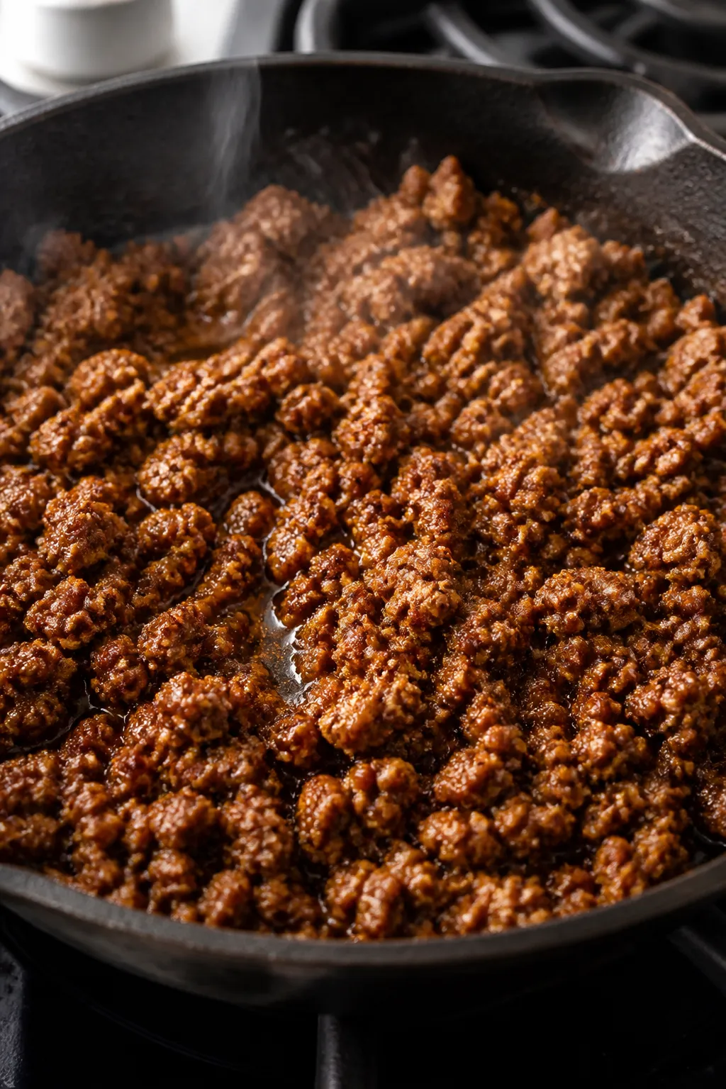 Cooking process close-up: Crumbled lean ground beef sizzling in a cast-iron skillet, fully browned a