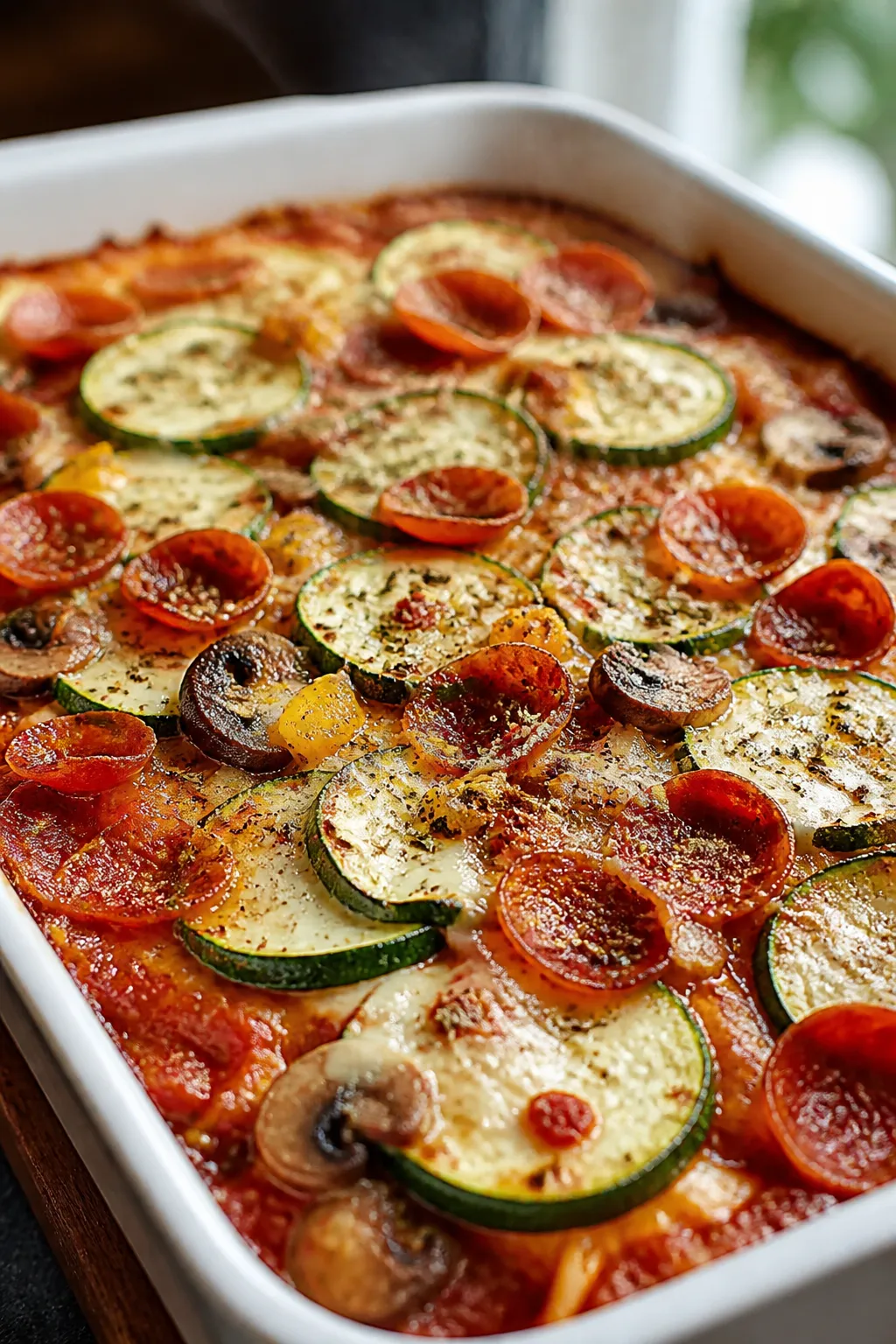 Cooking process, close-up detail: Close-up of a 9x13 baking dish mid-bake at 400°F, cheese just sta