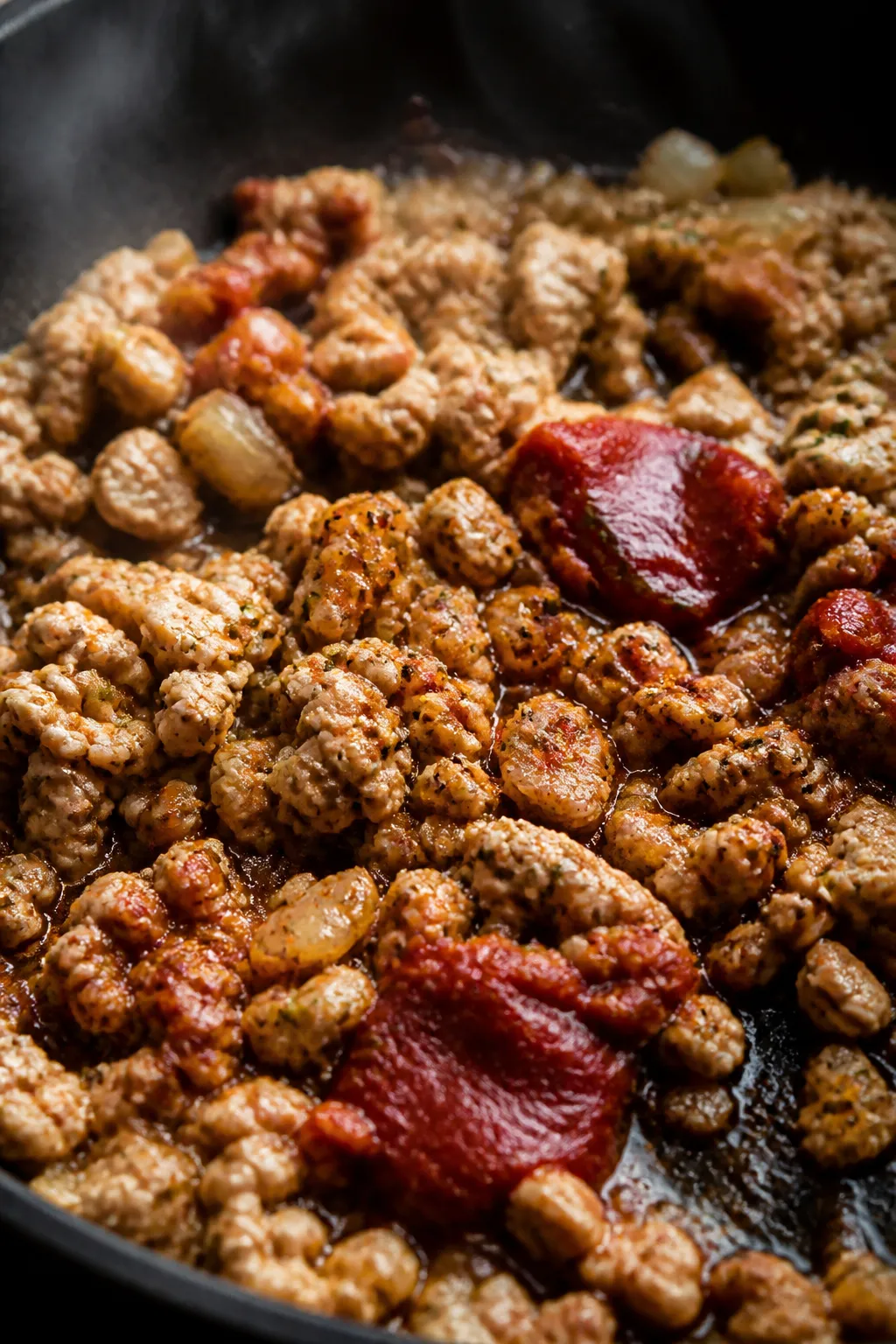 Cooking process, close-up detail: Close-up of browned lean ground turkey with onion and garlic sizzl