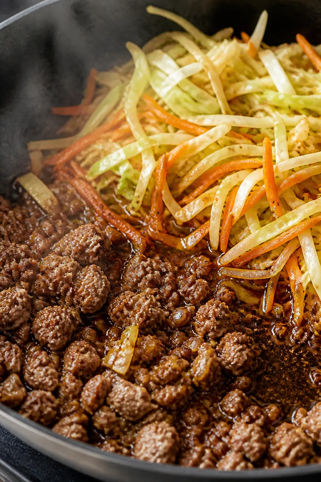 Cooking process, close-up detail: Close-up of ground beef browning in a large skillet with diced oni
