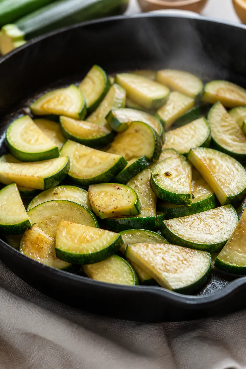 Cooking process, close-up detail: Close-up of sautéed zucchini half-moons in a skillet, lightly gol