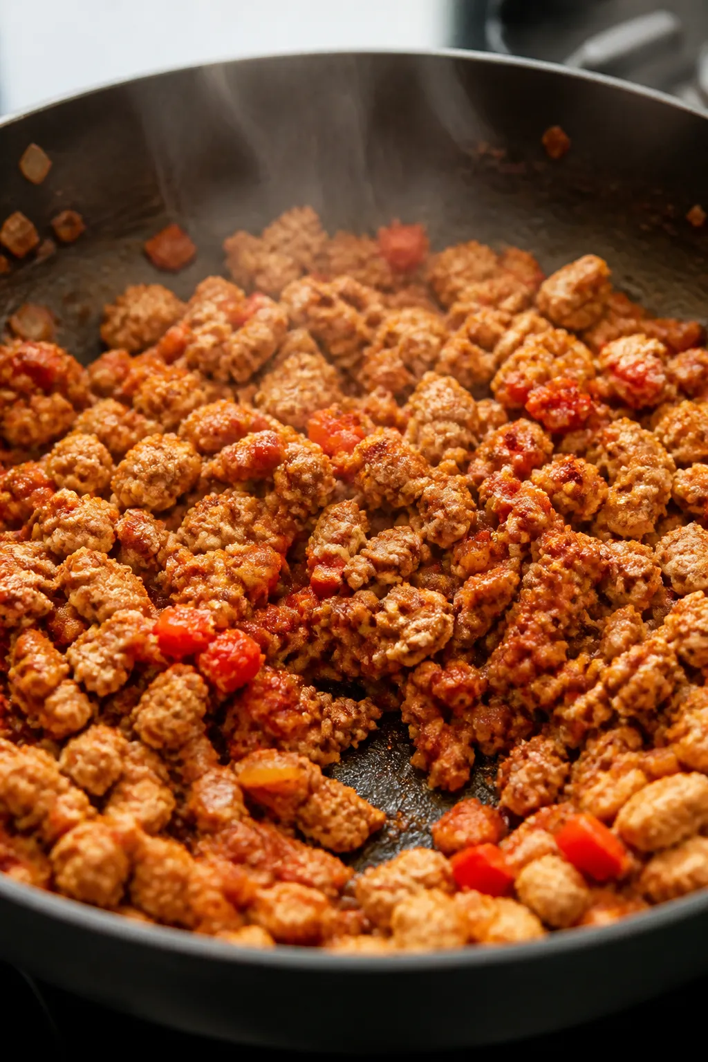 Cooking process, close-up detail: Close-up of seasoned ground turkey browning in a deep skillet with