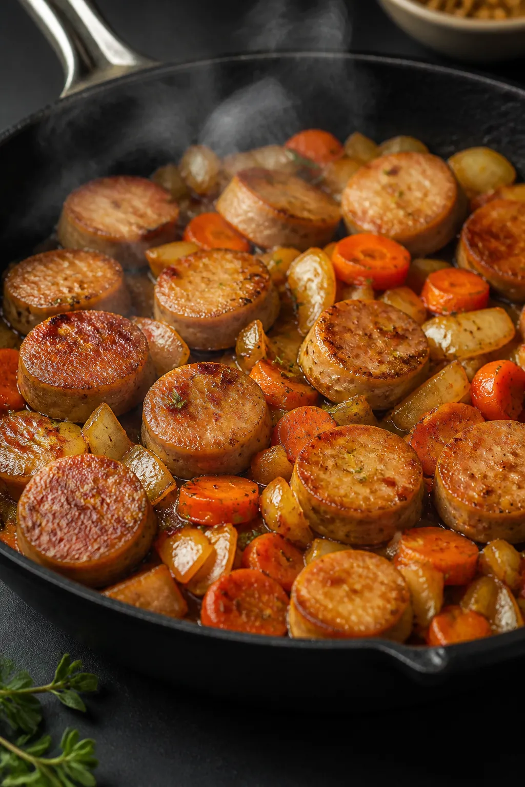 Cooking process, close-up detail: Golden-browned chicken sausage rounds sizzling in a large cast-iro