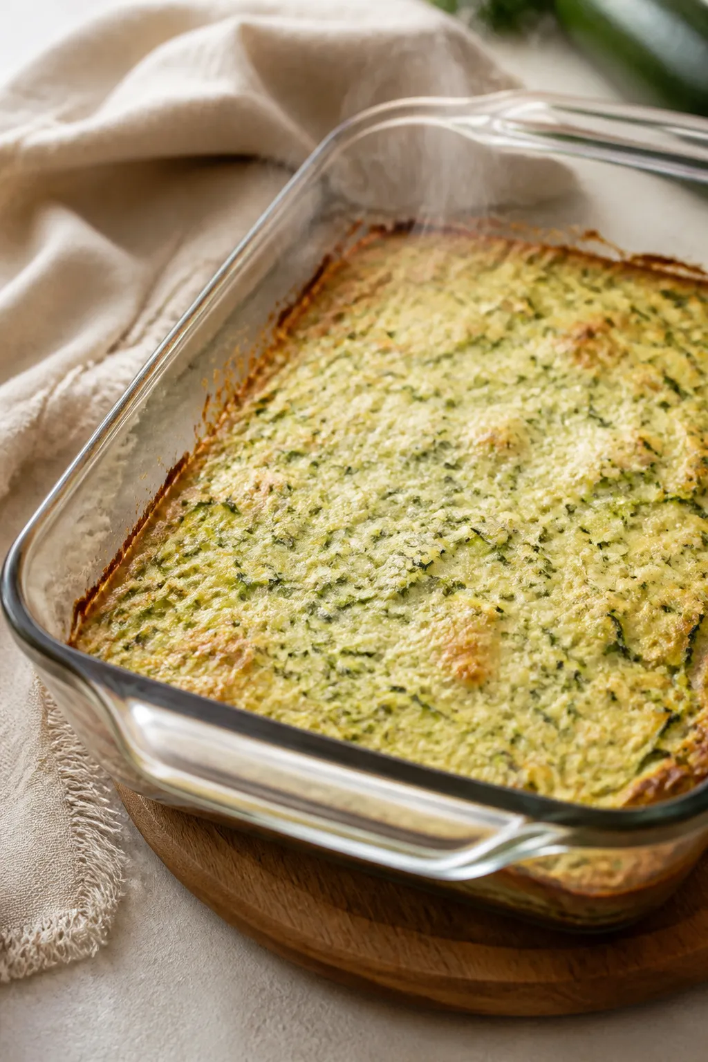 Cooking process, close-up detail: Golden-edged zucchini “crust” base just out of the oven in a 9
