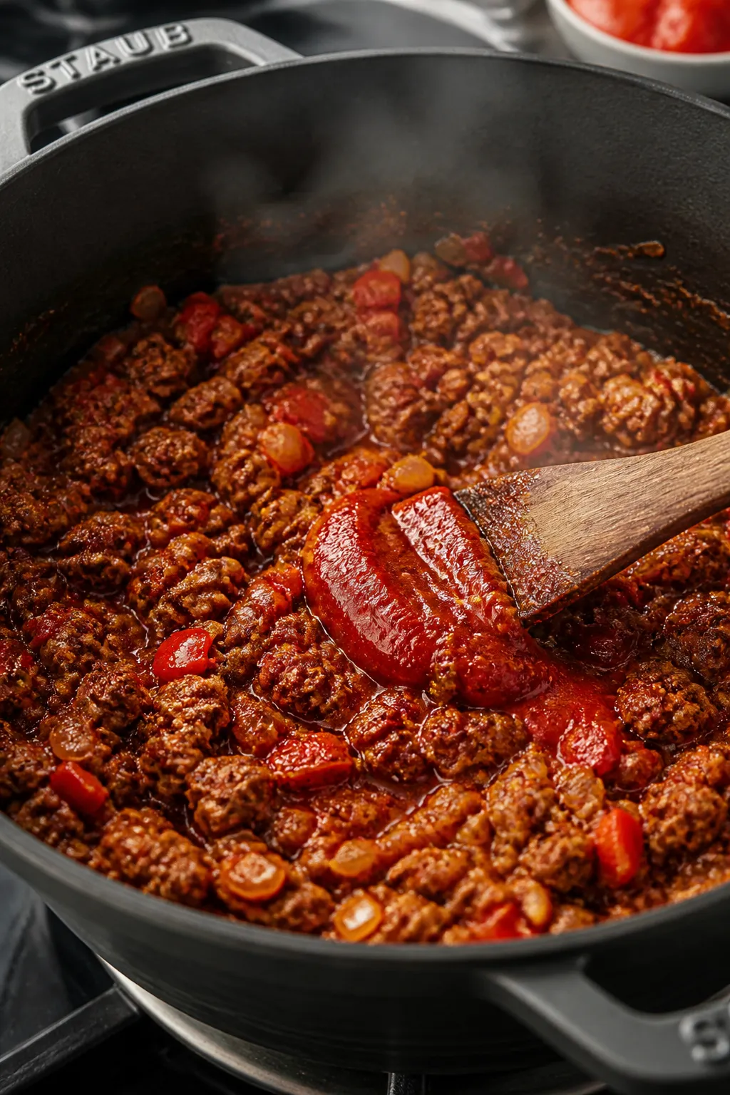 Cooking process, close-up detail: Lean ground beef chili base sizzling in a matte black Dutch oven a