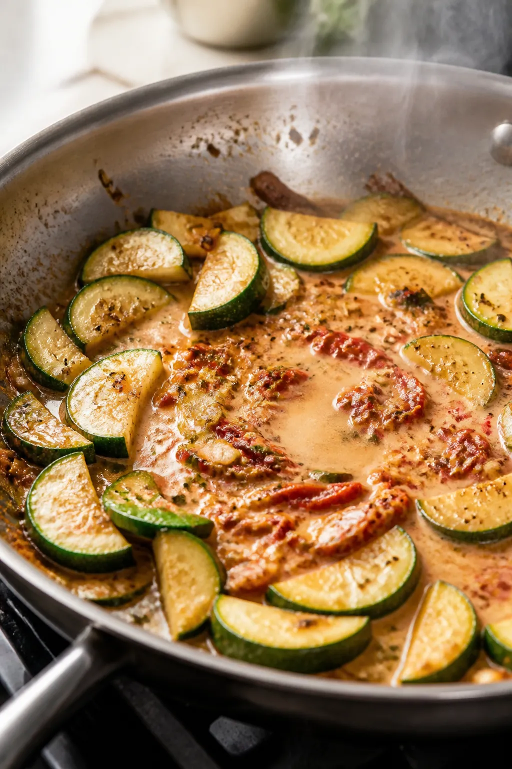 Cooking process, close-up detail: Sautéed zucchini half-moons just-softened in a skillet, glistenin