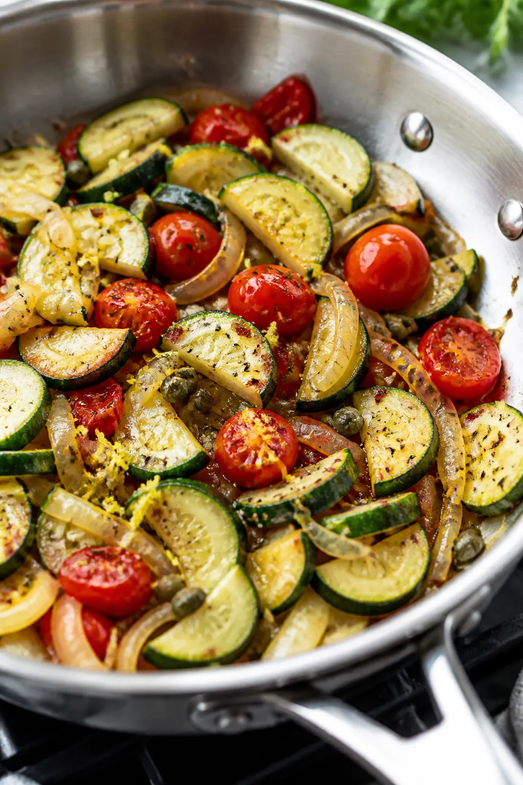 Cooking process, close-up detail: Sautéed zucchini half-moons and softened yellow onion in a wide s
