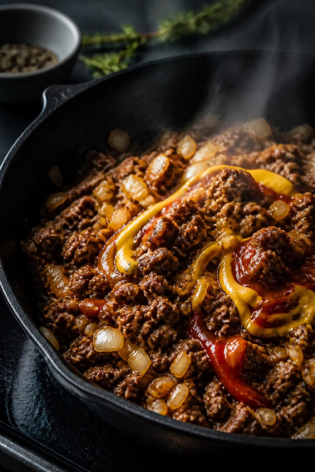 Cooking process, close-up detail: Sizzling browned seasoned ground beef in a wide cast-iron skillet,