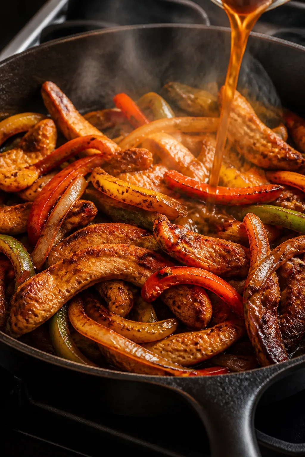 Cooking process, close-up detail: Sizzling chicken fajitas in a cast-iron skillet over medium-high h