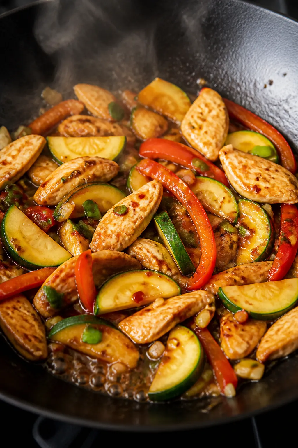 Cooking process, close-up detail: Sizzling chicken zucchini stir fry in a carbon-steel wok over medi
