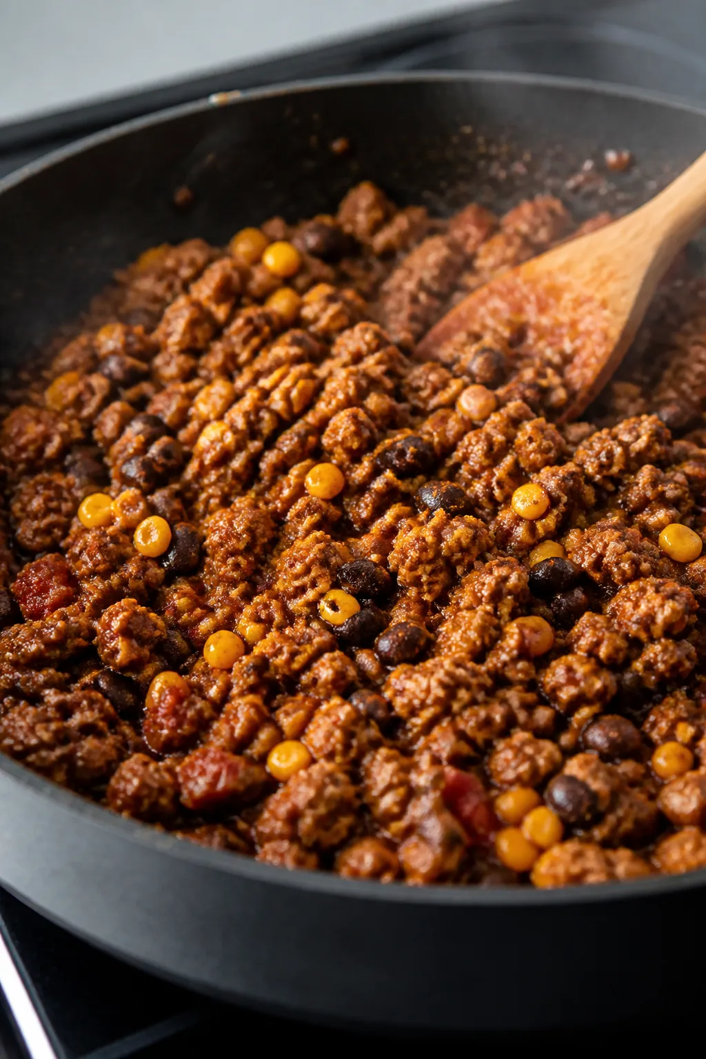 Cooking process, close-up detail: Sizzling taco-seasoned lean ground beef simmering in a large skill