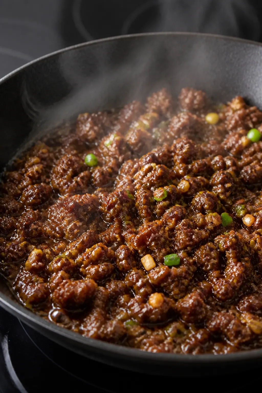 Cooking process, close-up detail: Sweet and spicy ground beef sizzling in a wide skillet over medium