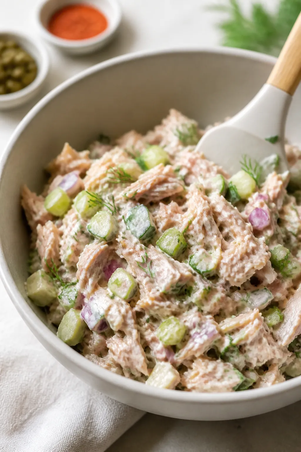 Cooking process close-up: Flaked water-packed tuna in a matte ceramic mixing bowl as glossy Greek yo