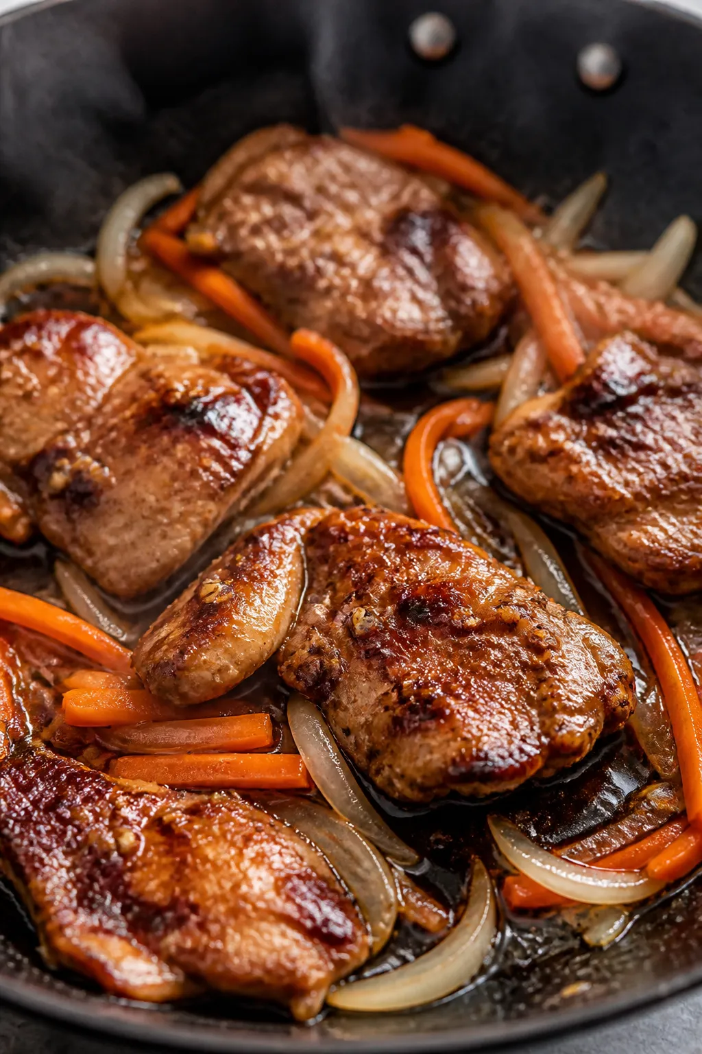 Cooking process, close-up: Golden-seared chicken thigh pieces sizzling in a large skillet, glossy fr