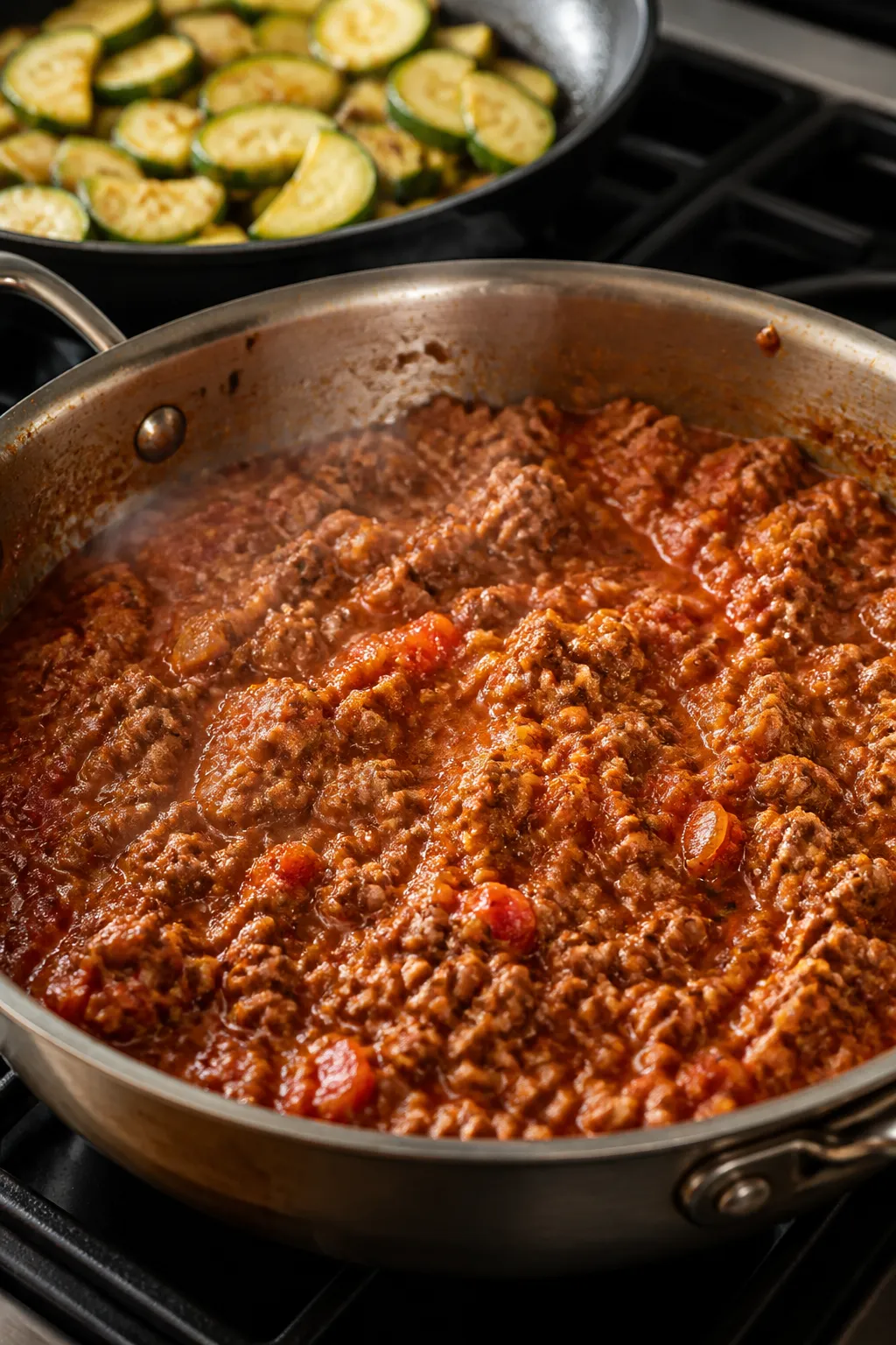 Cooking process close-up: Ground beef and tomato sauce mixture simmering in a wide stainless skillet
