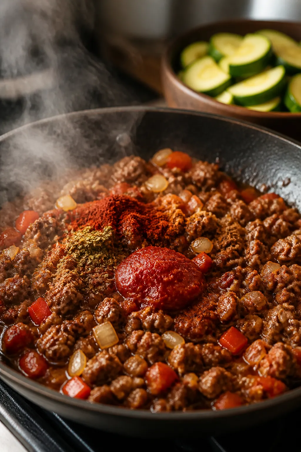 Cooking process close-up: Ground beef crumbles sizzling in a large skillet with diced onion and red