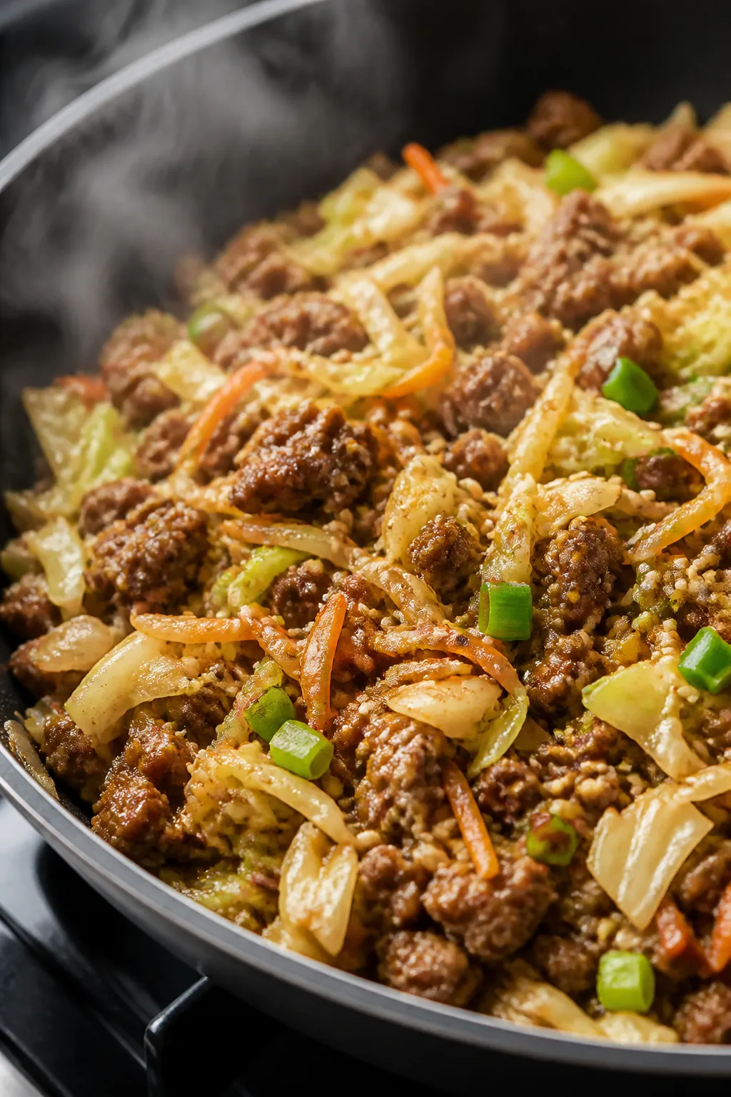 Cooking process close-up: Ground Beef Egg Roll in a Bowl sizzling in a large nonstick skillet over m