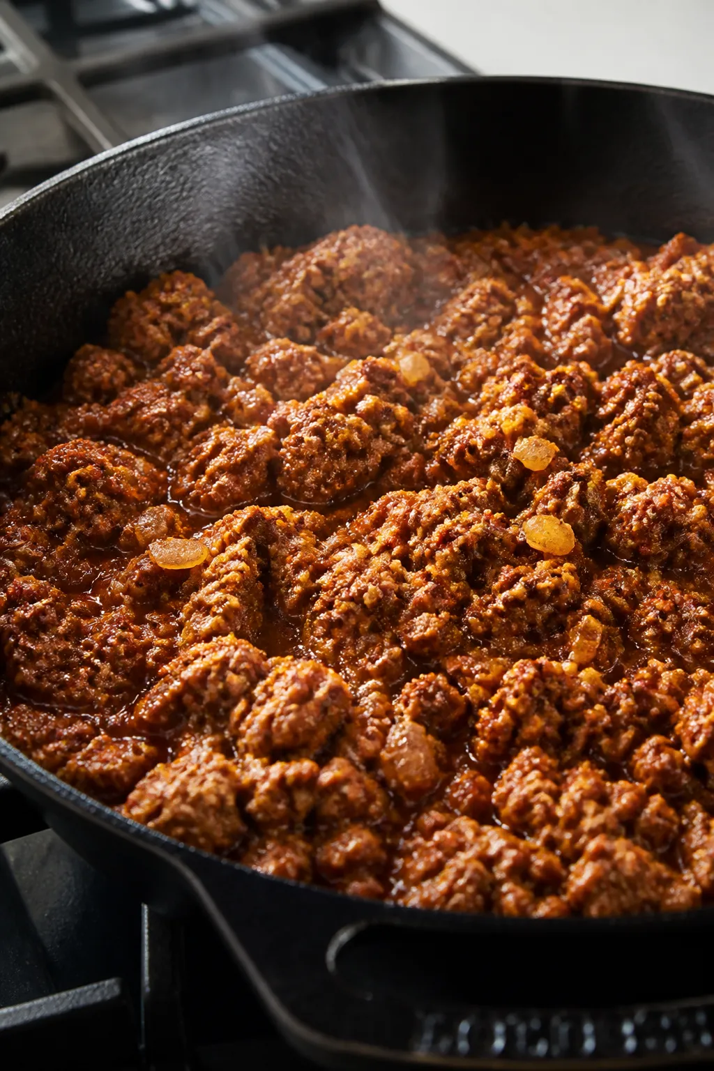Cooking process close-up: Ground beef sizzling in a skillet just after blooming spices, showing glos