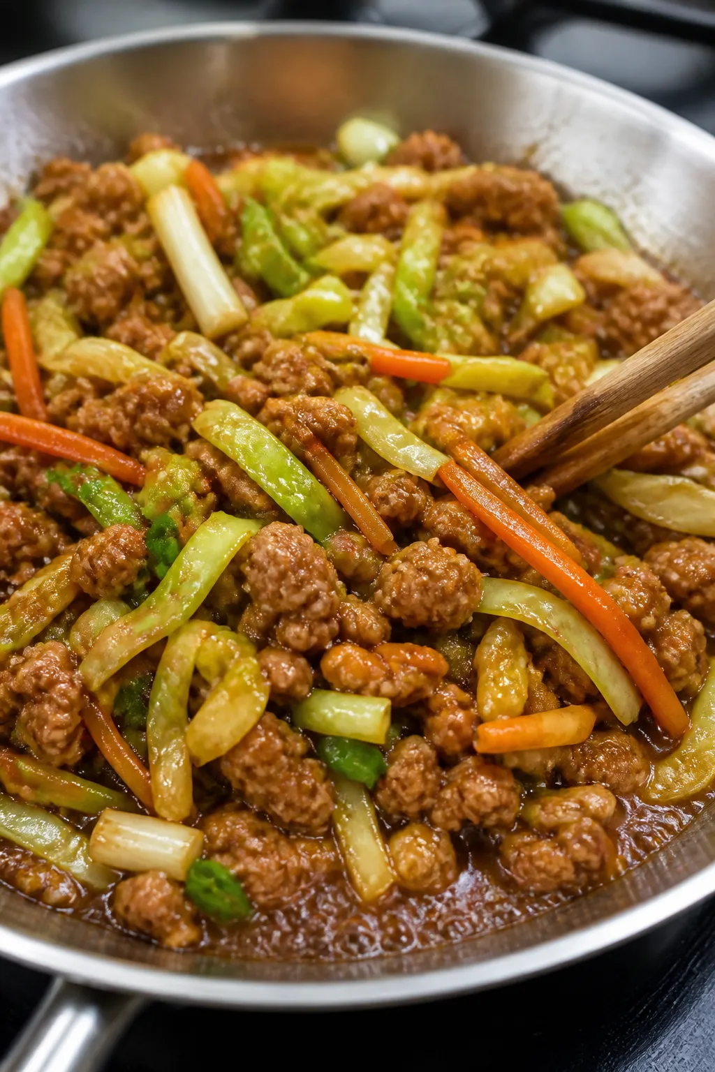 Cooking process close-up: Ground chicken cabbage stir fry sizzling in a large stainless skillet over