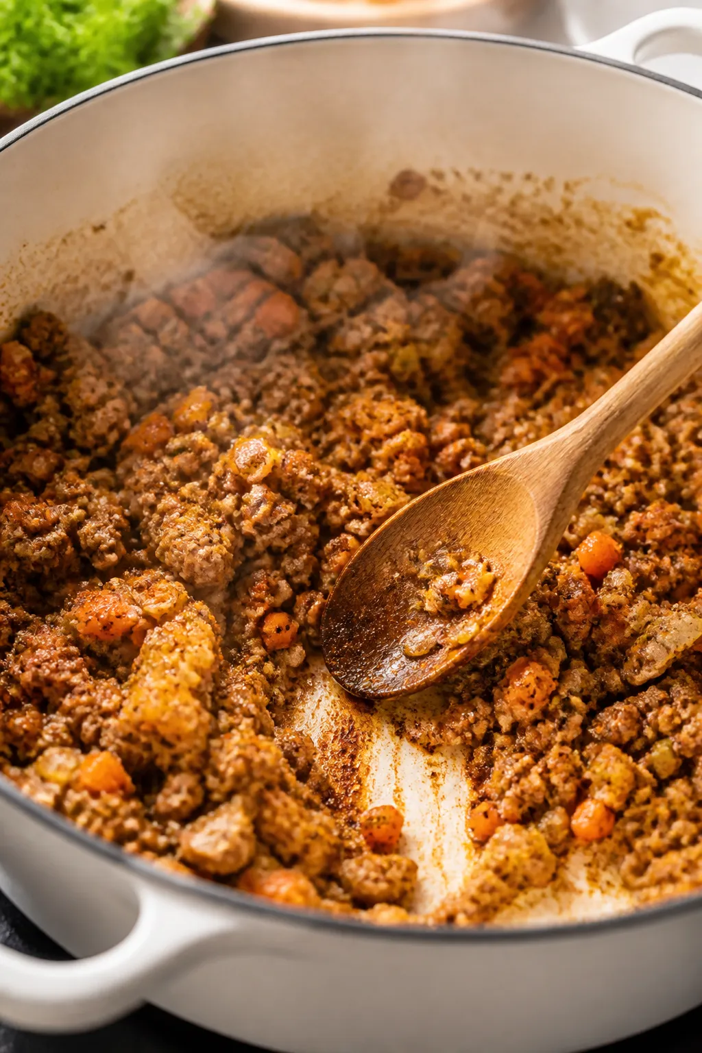 Cooking process close-up: Ground turkey browning with sautĂŠed onion, carrot, and celery in a wide D