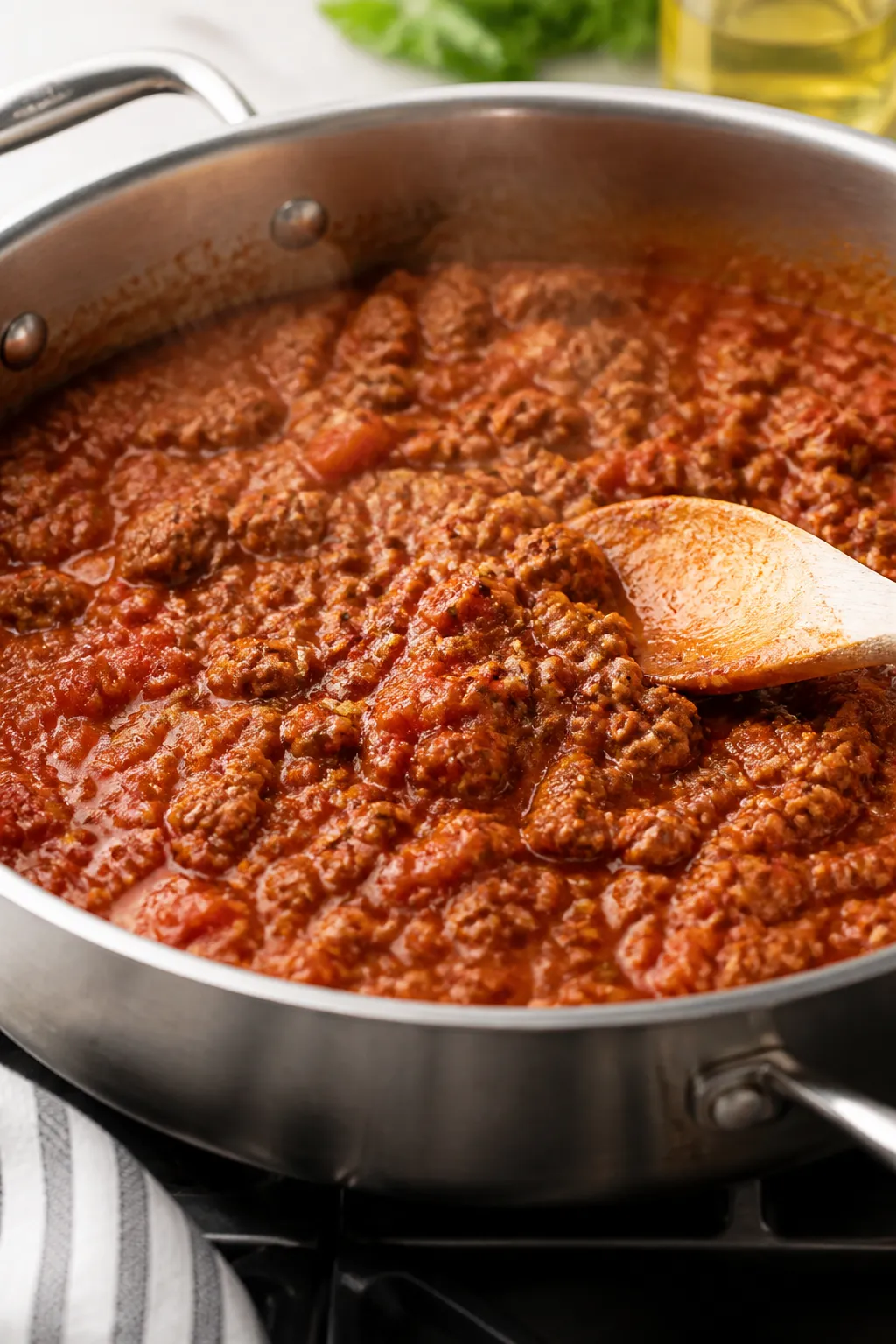 Cooking process close-up: Ground turkey marinara simmering in a wide sautƩ pan, turkey crumbles lig