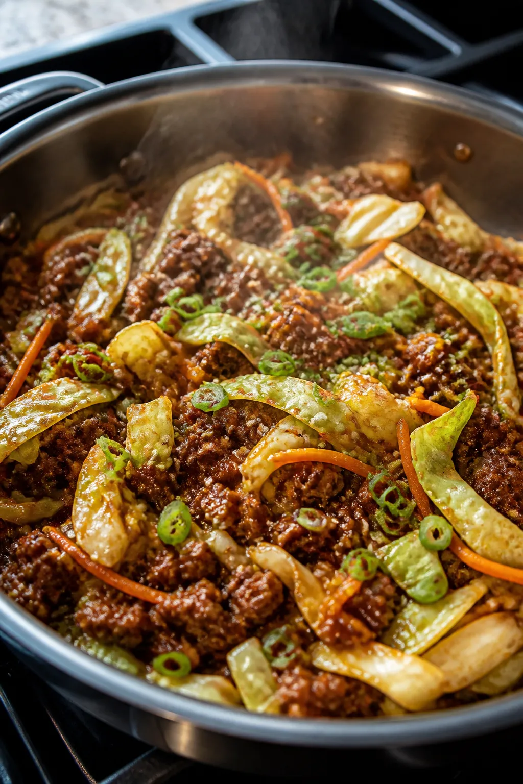 Cooking process close-up: In a large stainless-steel skillet, browned ground beef sizzling with glos