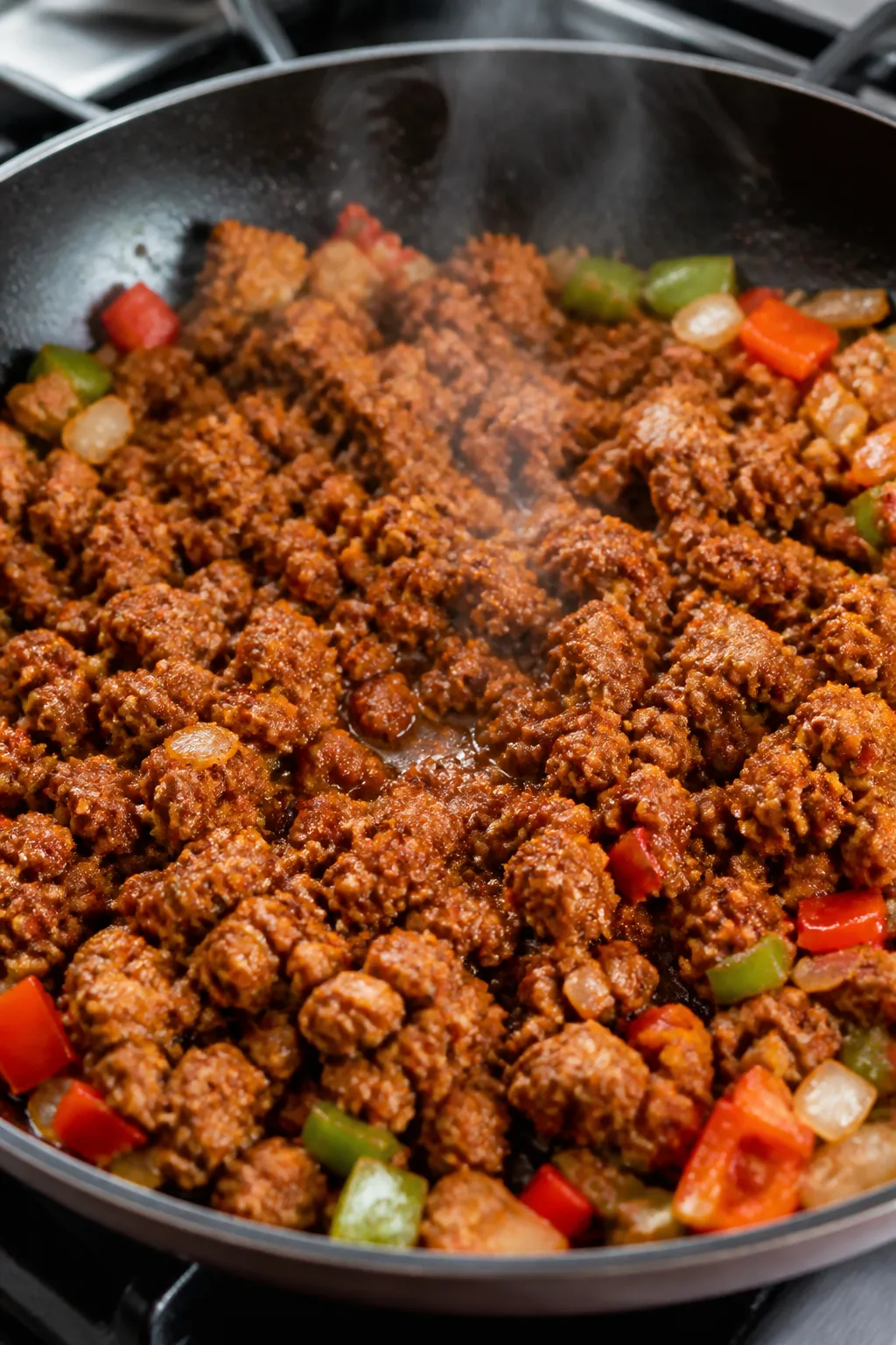 Cooking process close-up: Lean ground turkey browning in a large 12-inch skillet with taco seasoning